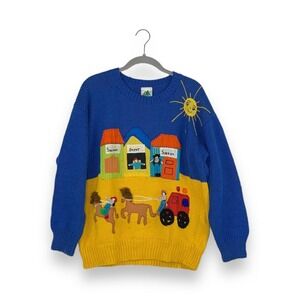 Vintage Andina Blue Yellow Western Town Teacher Sweater TINY FLAW